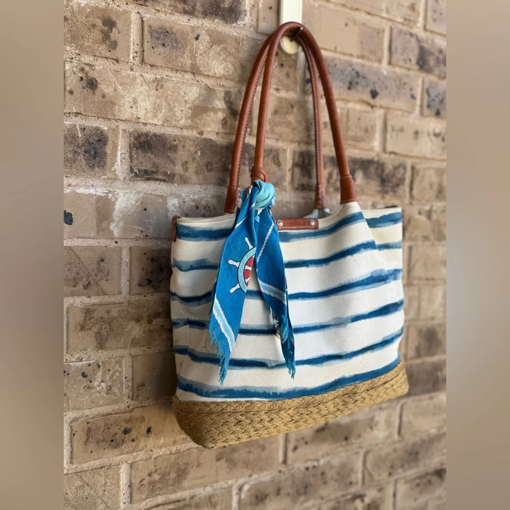 Brighton Espadrille Blue and White Striped Nautical Tote with Tan Handles - Picture 5 of 16